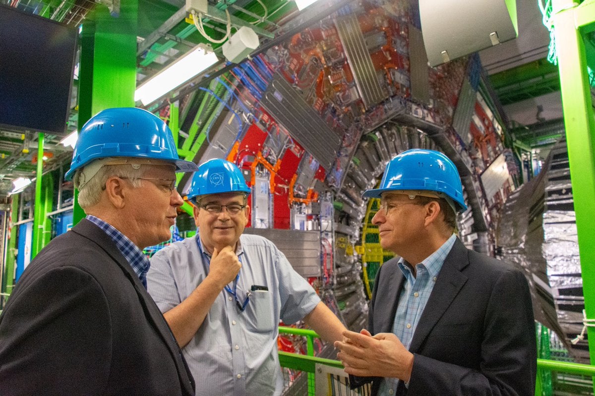 Karl Ecklund, Paul Padley, and David Leebron at the CERN Large Hadron Collider, Geneva, Switzerland